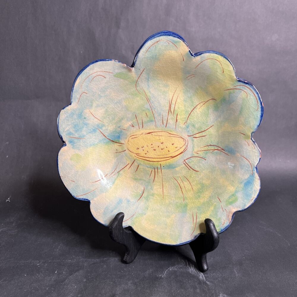 VTG Red Clay Plate 9” Hand Painted Blue Flower Yellow Center Folk Art Boho